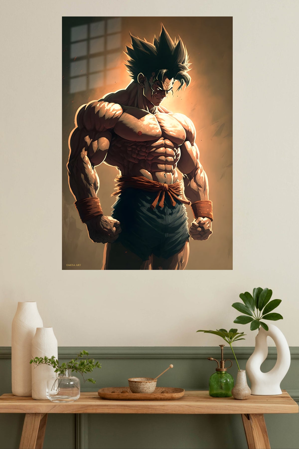 Spiked-Hair Warrior at Sunset metal wall art displayed in a modern interior