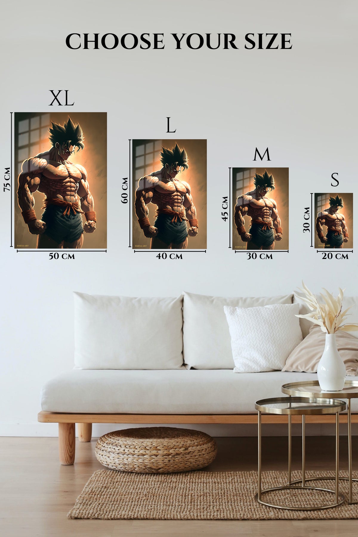 EMESA metal wall art size comparison guide for Spiked-Hair Warrior at Sunset