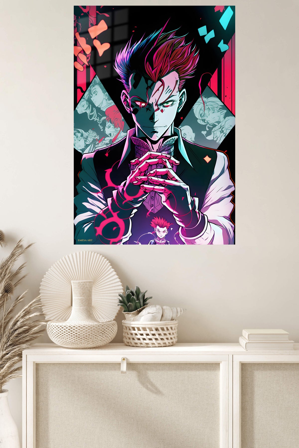 Neon Trickster Portrait metal wall art displayed in a modern interior