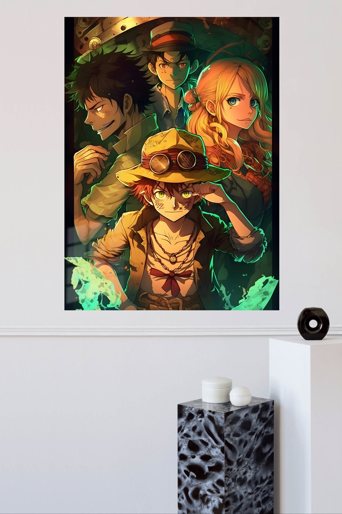 Goggled Adventurers in Emerald Light metal wall art displayed in a modern interior