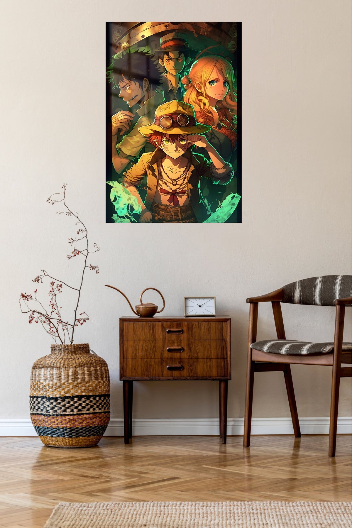 Goggled Adventurers in Emerald Light metal wall art displayed in a contemporary living space