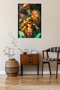 Goggled Adventurers in Emerald Light metal wall art displayed in a contemporary living space