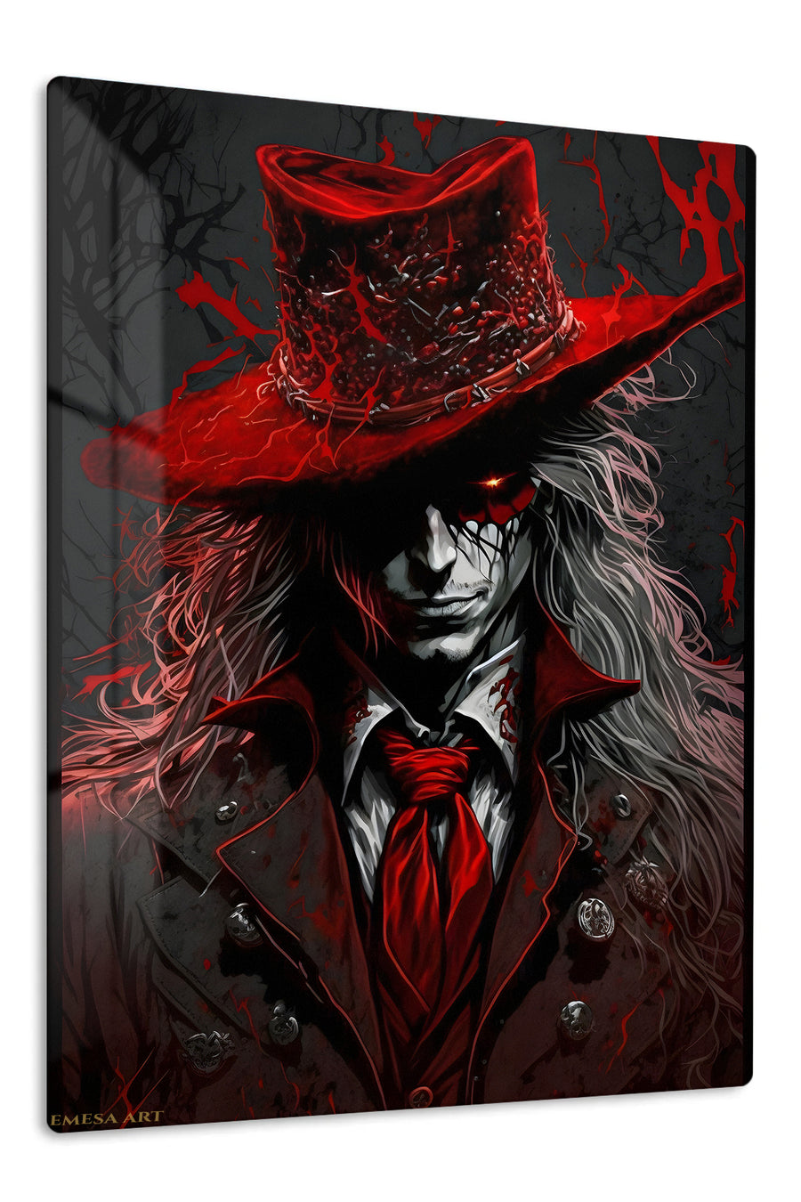 Crimson Shadow Hat premium metal wall art Ã¢â‚¬â€œ front view
