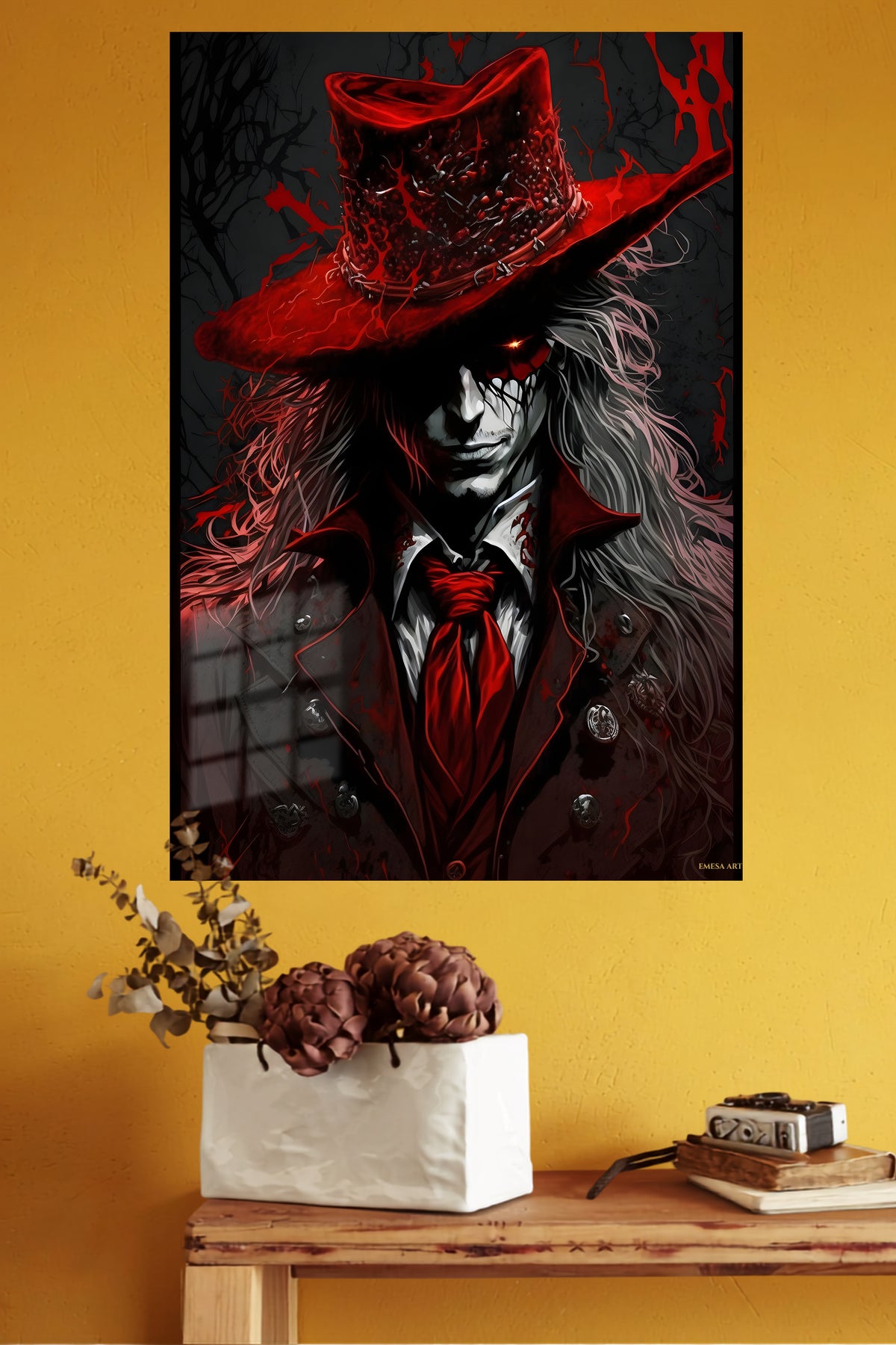 Crimson Shadow Hat metal wall art displayed in a modern interior