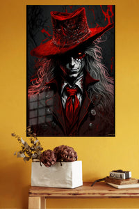 Crimson Shadow Hat metal wall art displayed in a modern interior