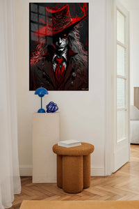 Crimson Shadow Hat metal wall art displayed in a contemporary living space