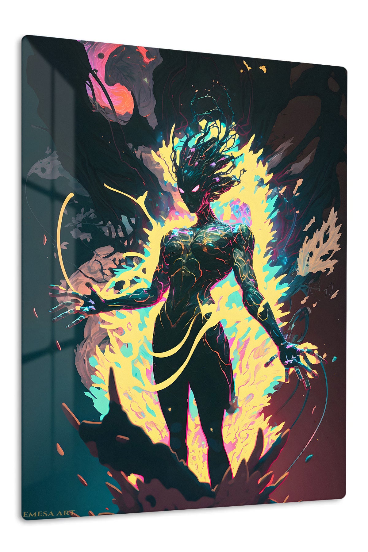 Neon Shadow Guardian premium metal wall art Ã¢â‚¬â€œ front view