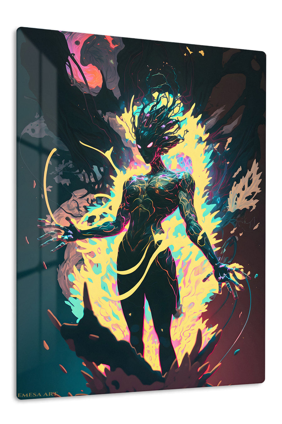 Neon Shadow Guardian premium metal wall art Ã¢â‚¬â€œ front view