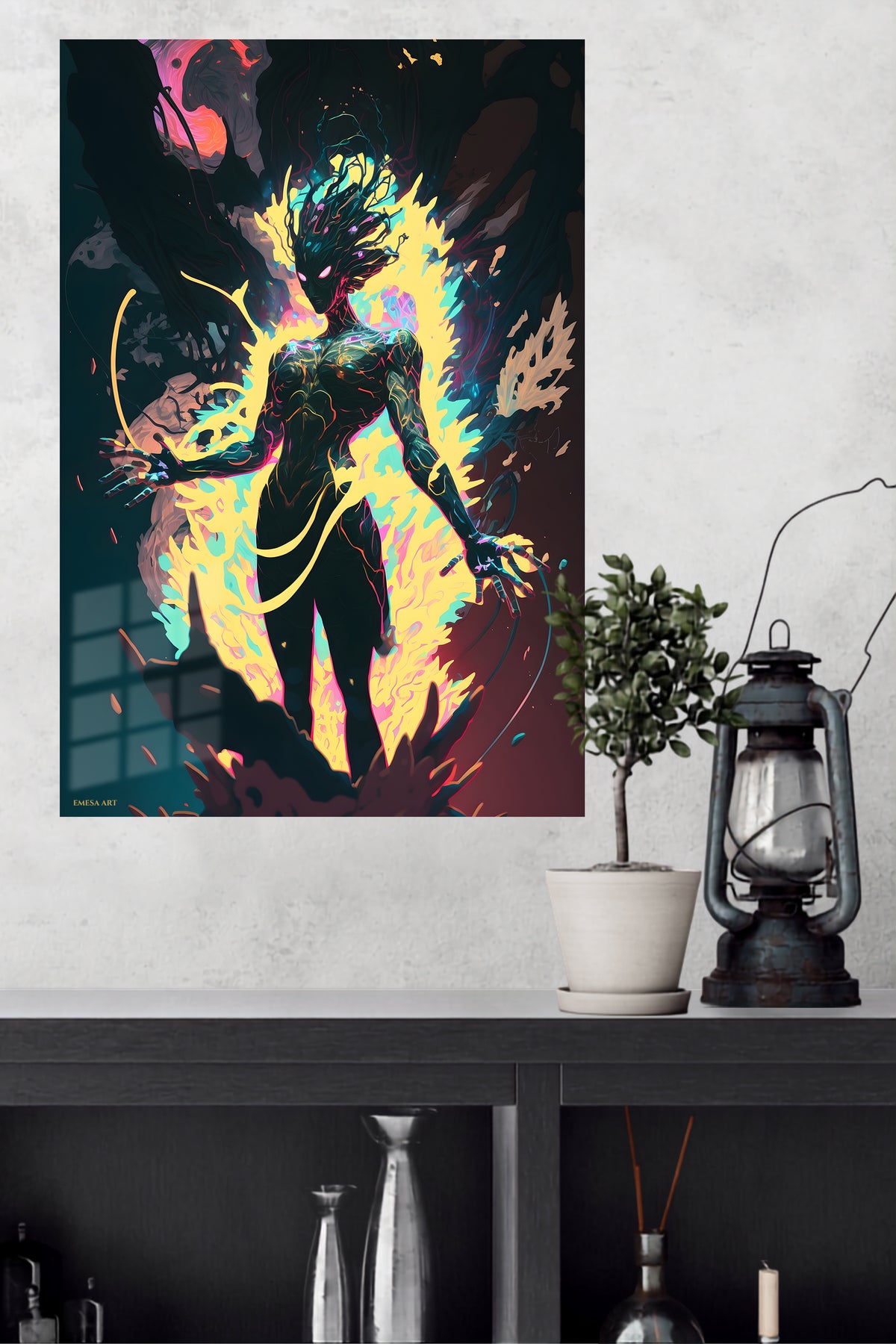 Neon Shadow Guardian metal wall art displayed in a modern interior