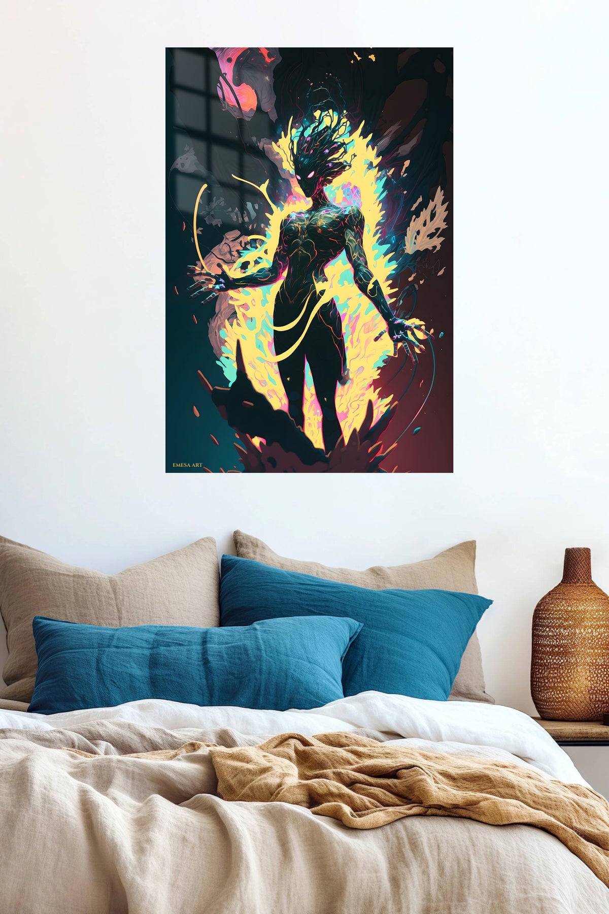 Neon Shadow Guardian metal wall art displayed in a contemporary living space