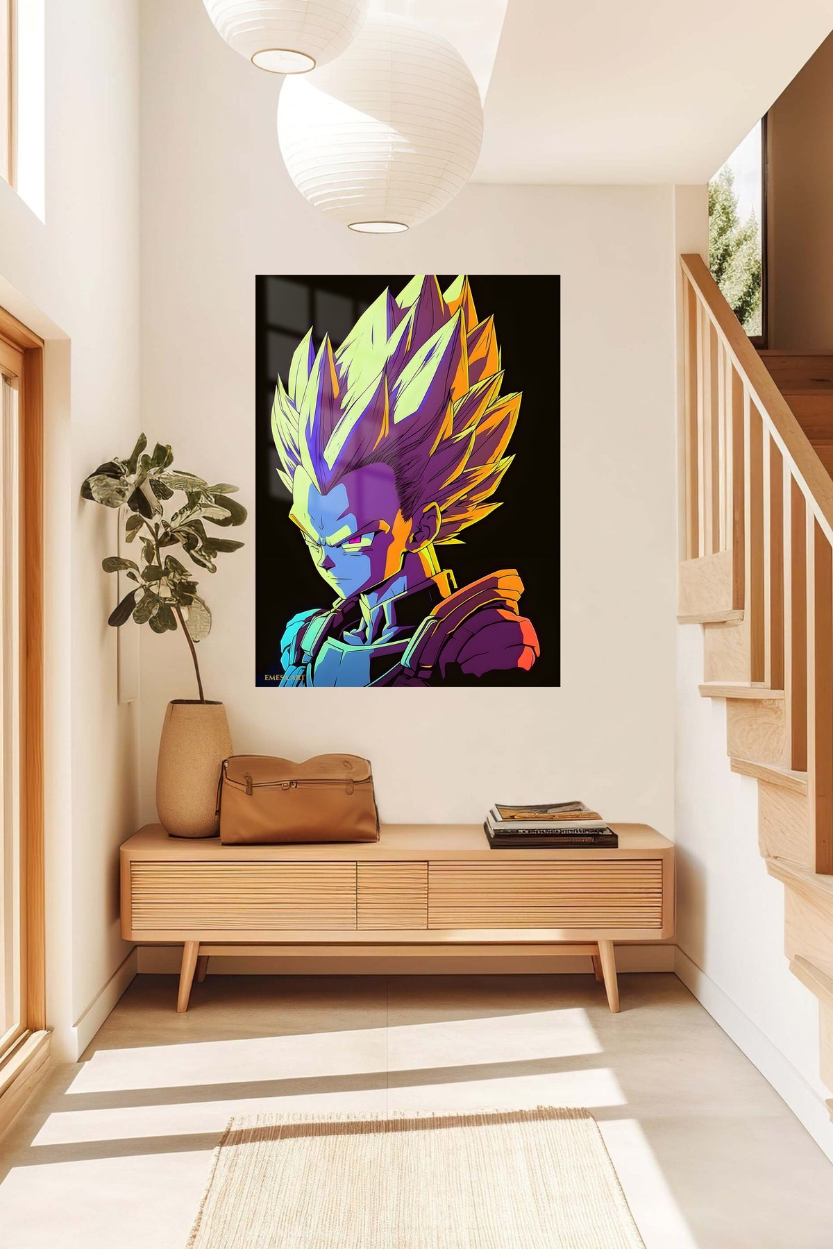 Neon Spiked-Hair Warrior Portrait metal wall art displayed in a contemporary living space