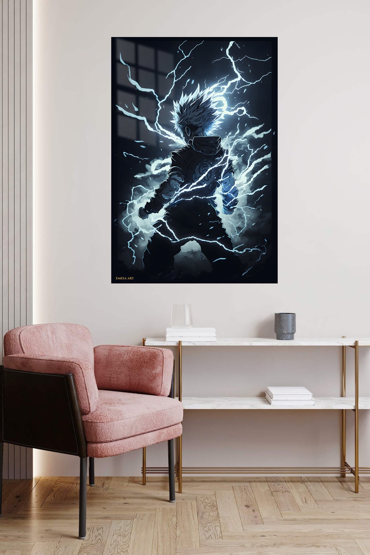 Lightning Bound Warrior metal wall art displayed in a contemporary living space