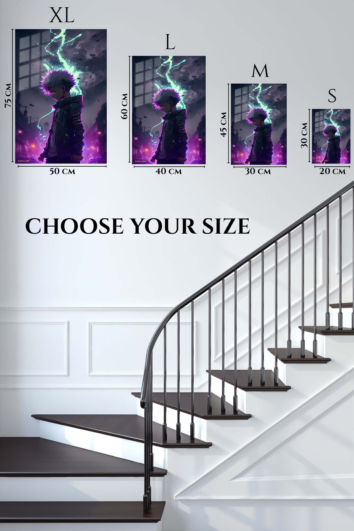 EMESA metal wall art size comparison guide for Neon Storm Wanderer