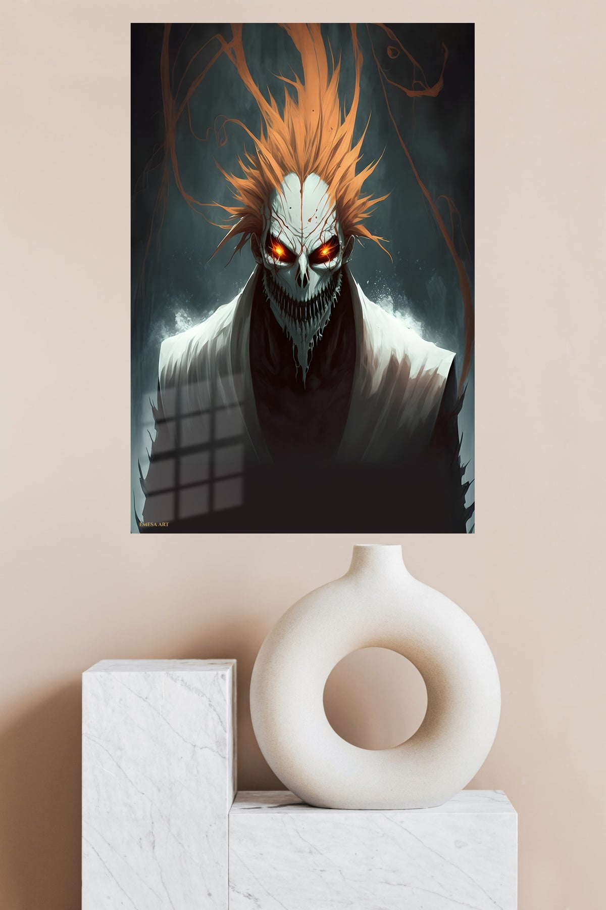 Flame-Haired Skull Guardian metal wall art displayed in a modern interior