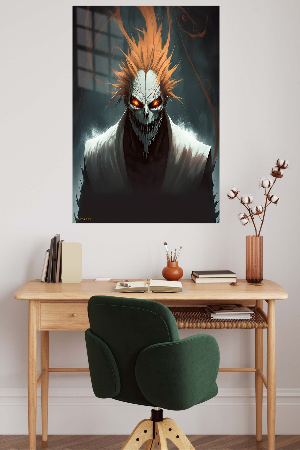 Flame-Haired Skull Guardian metal wall art displayed in a contemporary living space