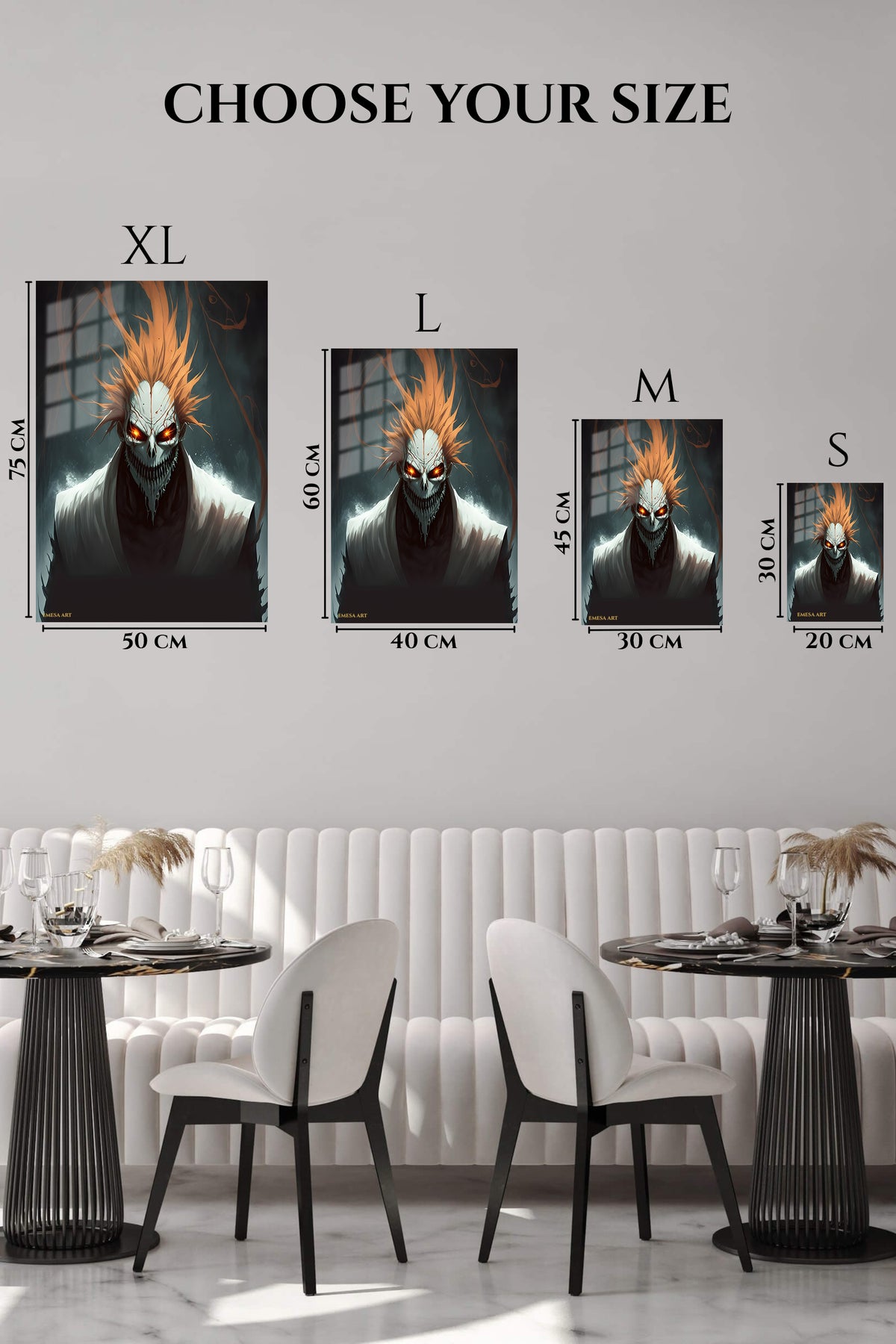 EMESA metal wall art size comparison guide for Flame-Haired Skull Guardian