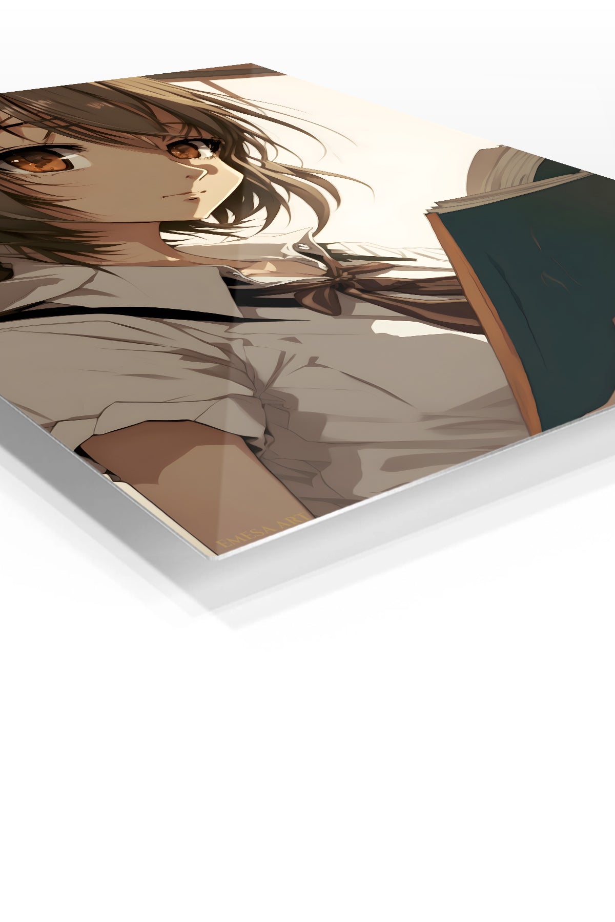 Sunlit Student with Open Book premium metal wall art Ã¢â‚¬â€œ angled view