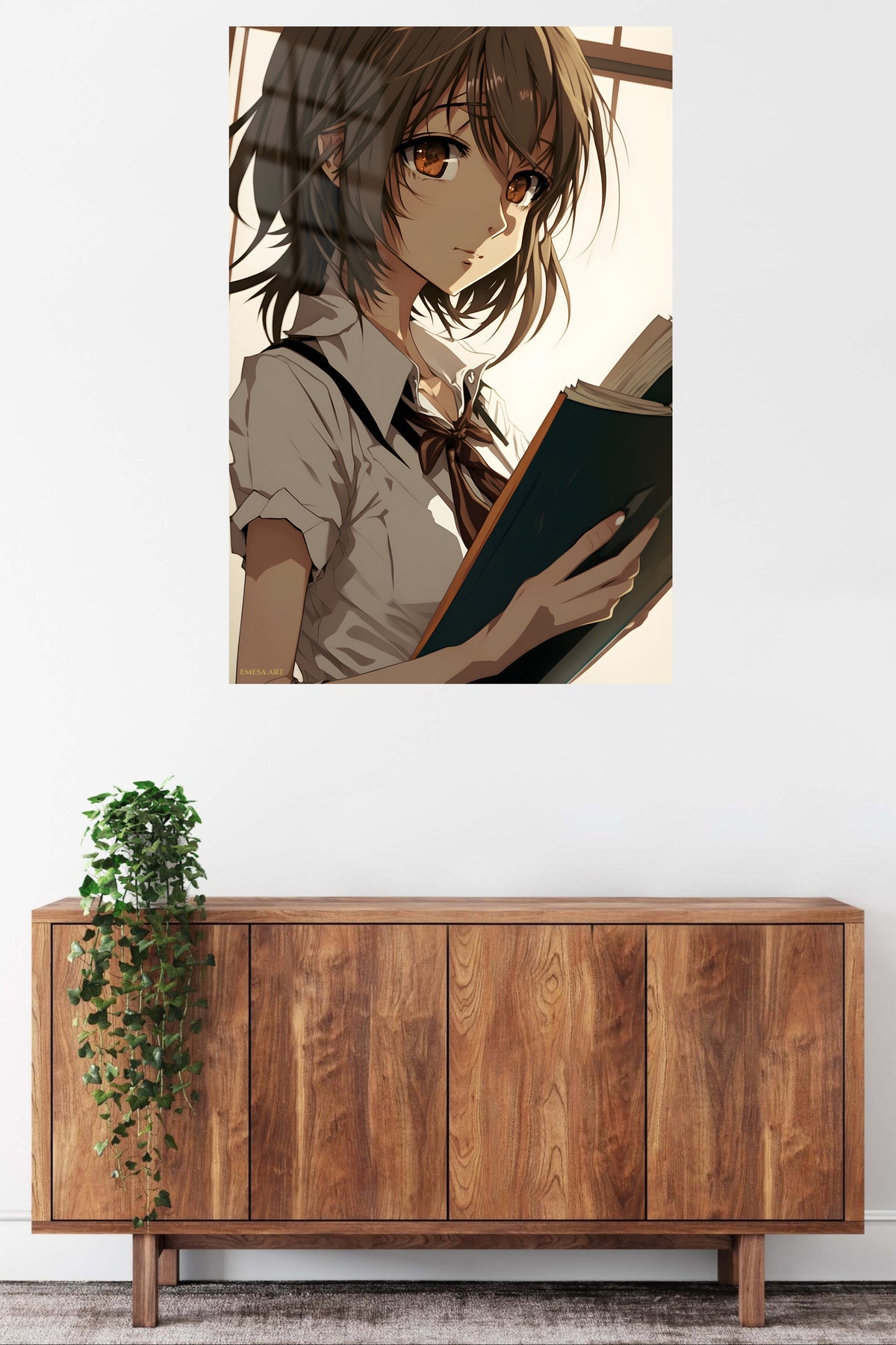 Sunlit Student with Open Book metal wall art displayed in a contemporary living space