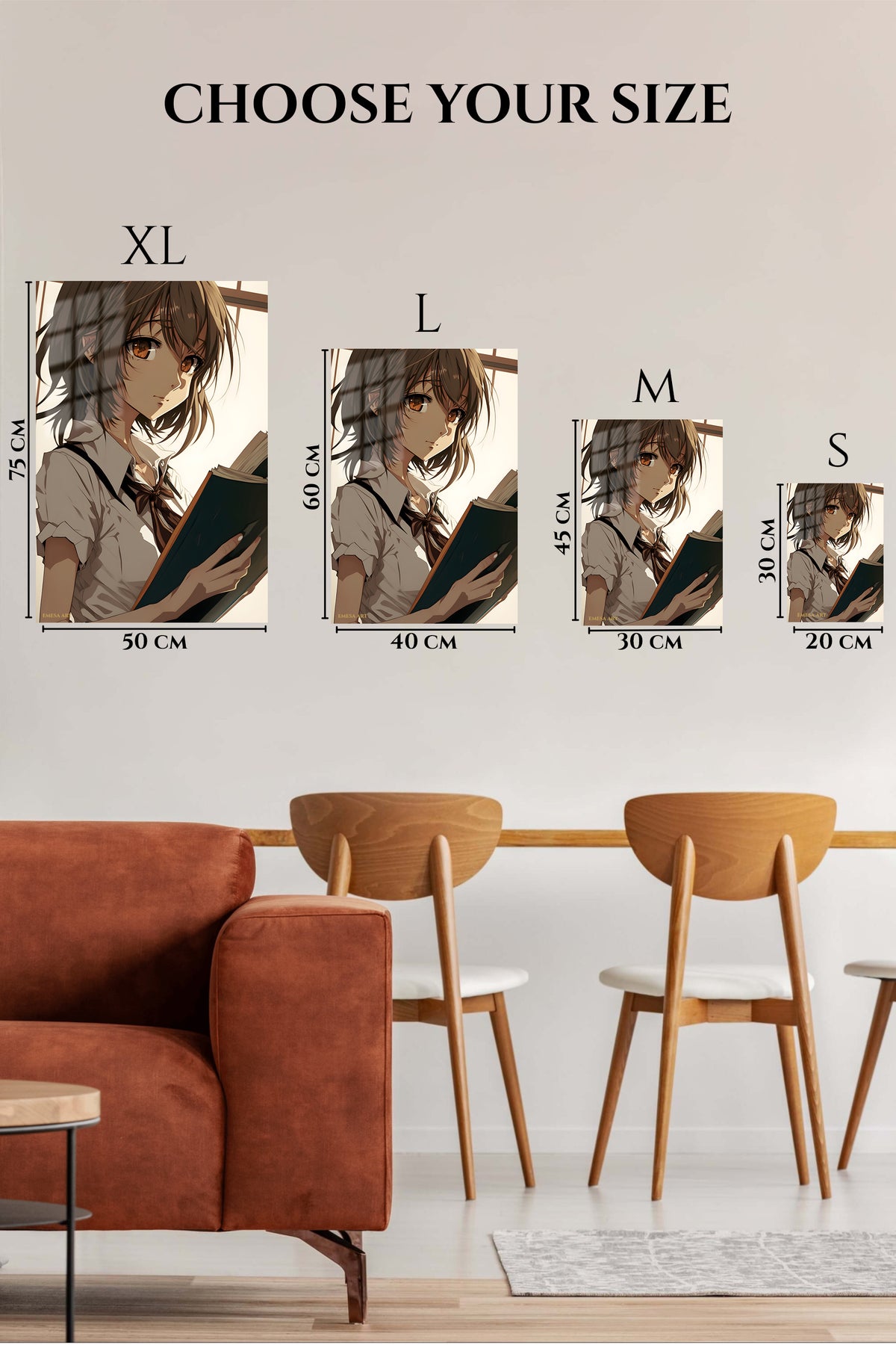 EMESA metal wall art size comparison guide for Sunlit Student with Open Book