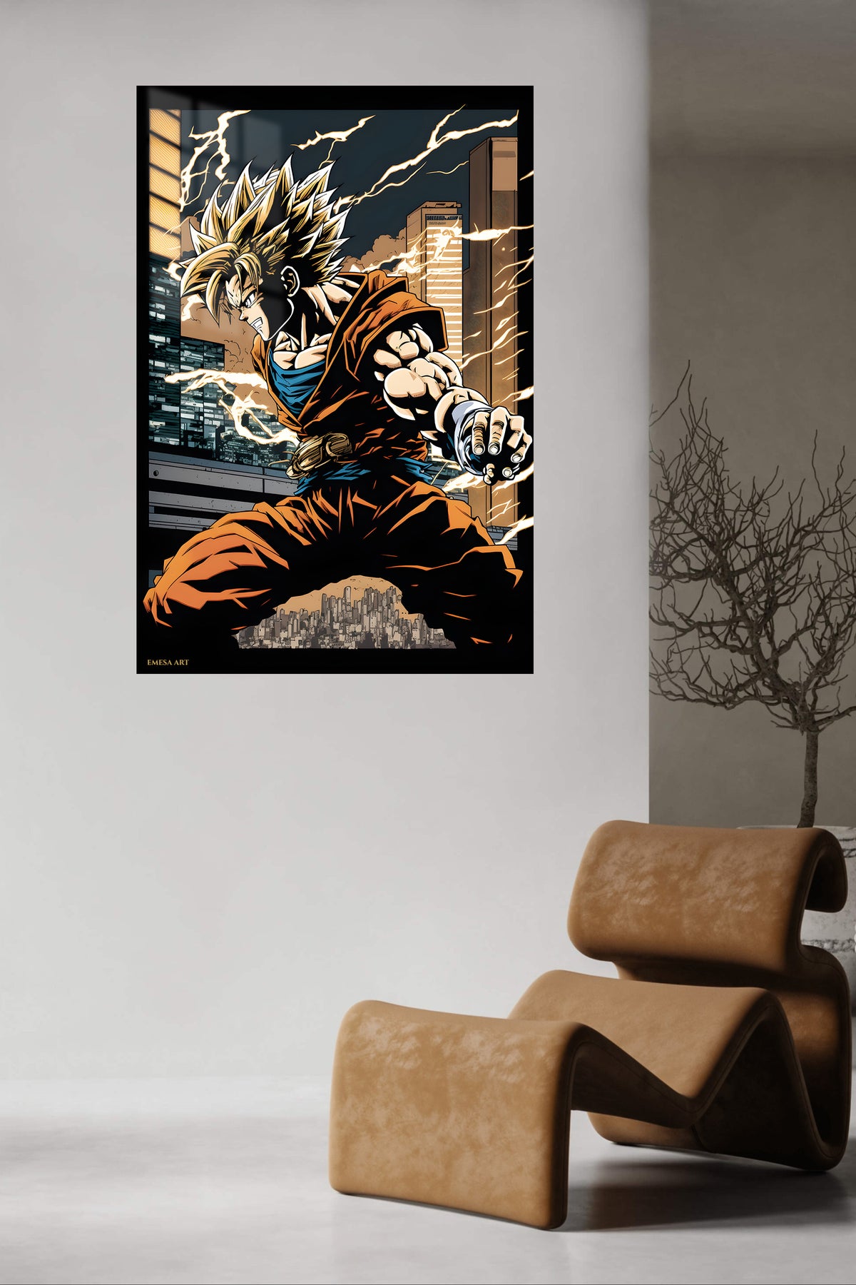 Lightning City Warrior metal wall art displayed in a contemporary living space