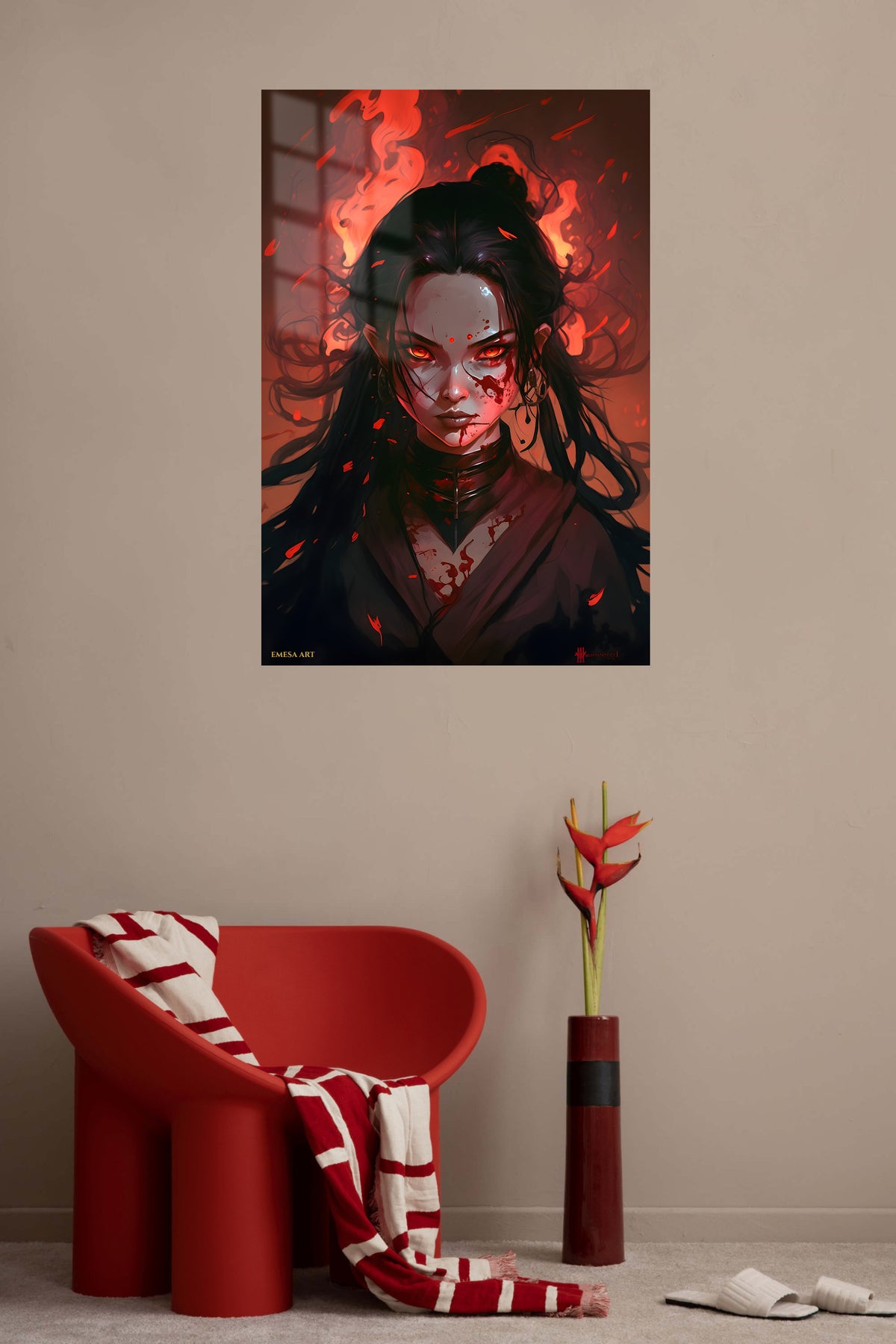 Ember-Eyed Warrior metal wall art displayed in a contemporary living space