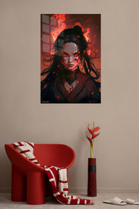 Ember-Eyed Warrior metal wall art displayed in a contemporary living space