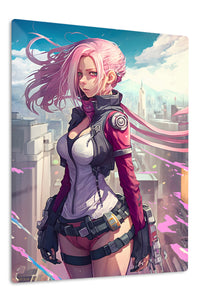 Pink-Haired Cyberpunk Sentinel premium metal wall art Ã¢â‚¬â€œ front view