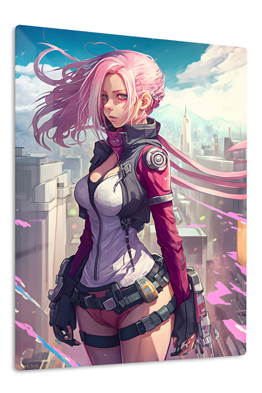 Pink-Haired Cyberpunk Sentinel premium metal wall art Ã¢â‚¬â€œ front view