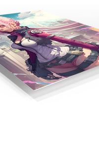 Pink-Haired Cyberpunk Sentinel premium metal wall art Ã¢â‚¬â€œ angled view