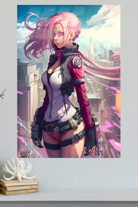 Pink-Haired Cyberpunk Sentinel metal wall art displayed in a modern interior