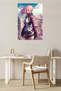 Pink-Haired Cyberpunk Sentinel metal wall art displayed in a contemporary living space