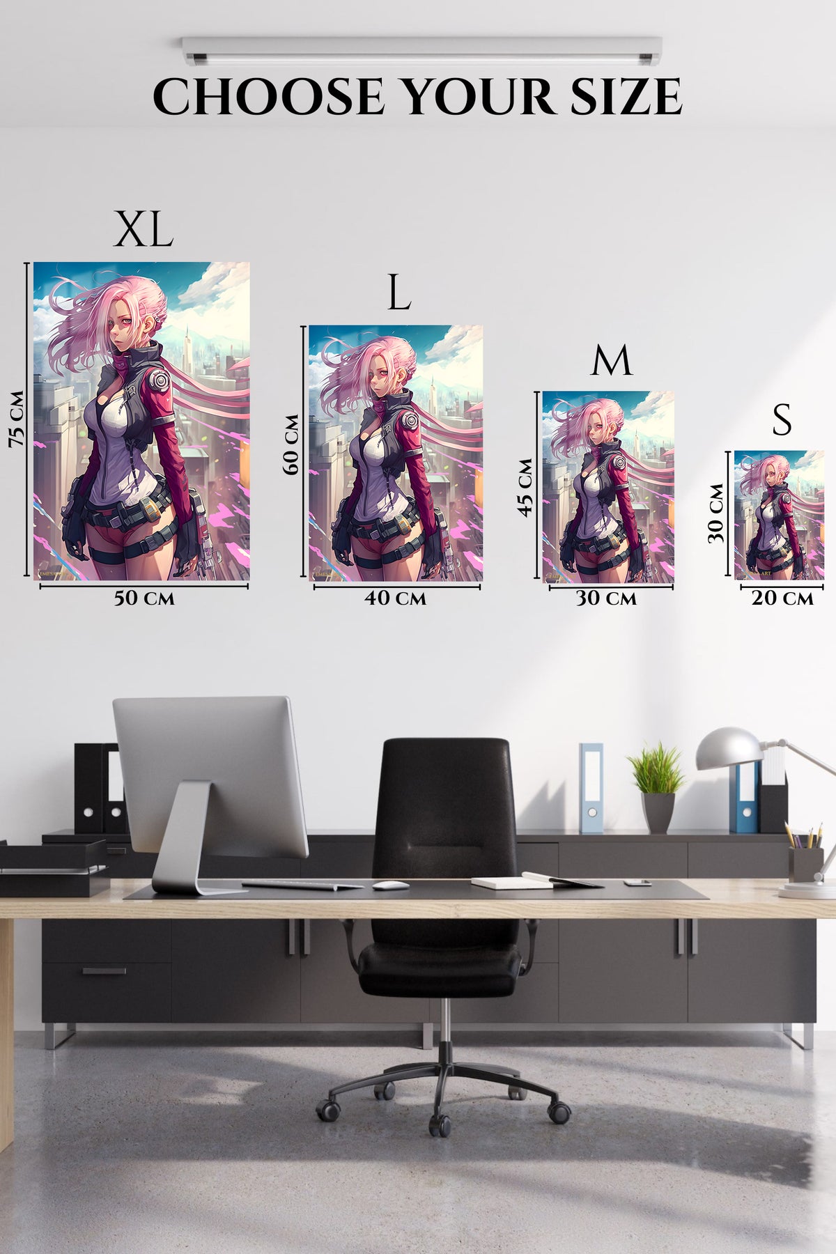EMESA metal wall art size comparison guide for Pink-Haired Cyberpunk Sentinel
