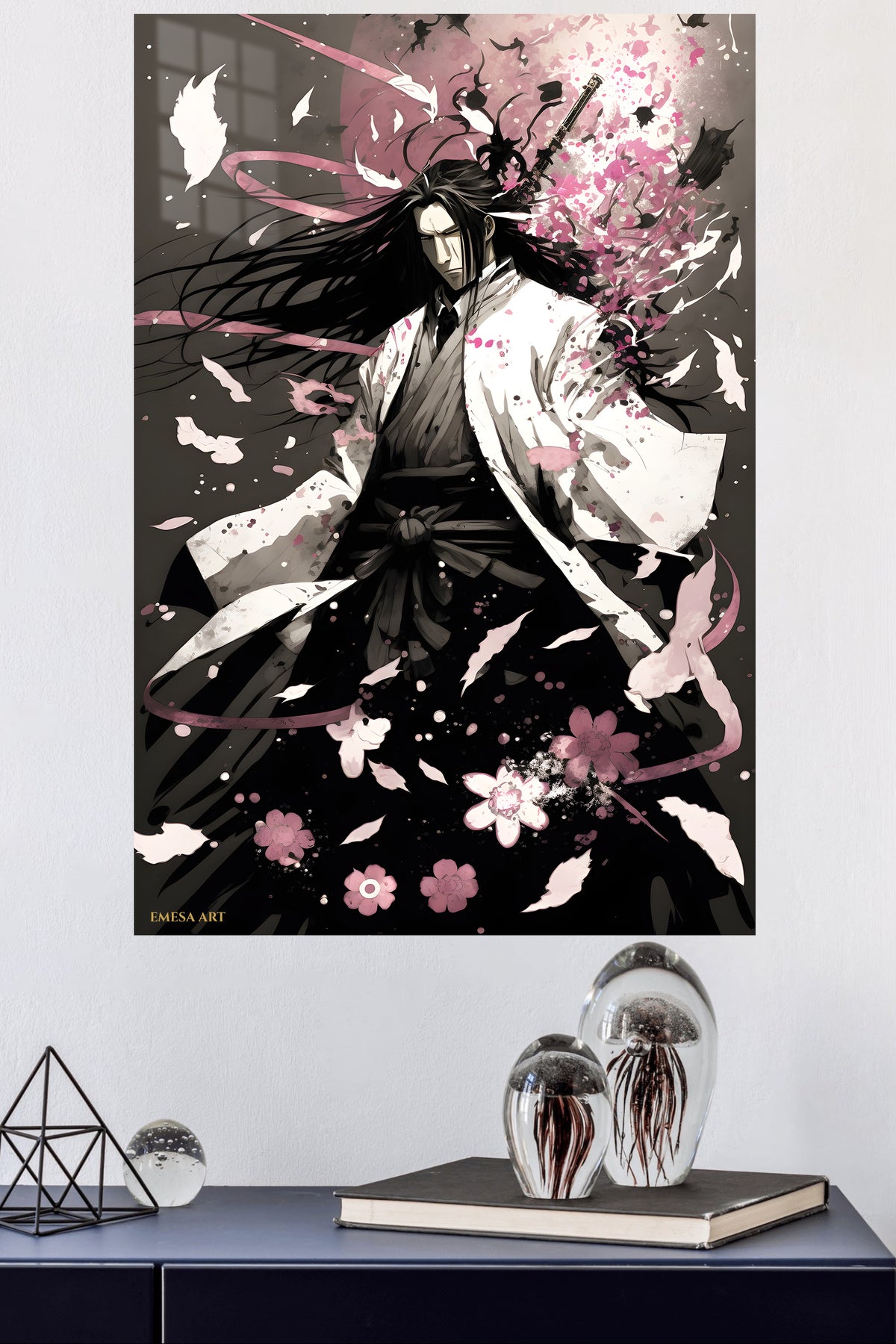 Blossom Blade Warrior metal wall art displayed in a modern interior