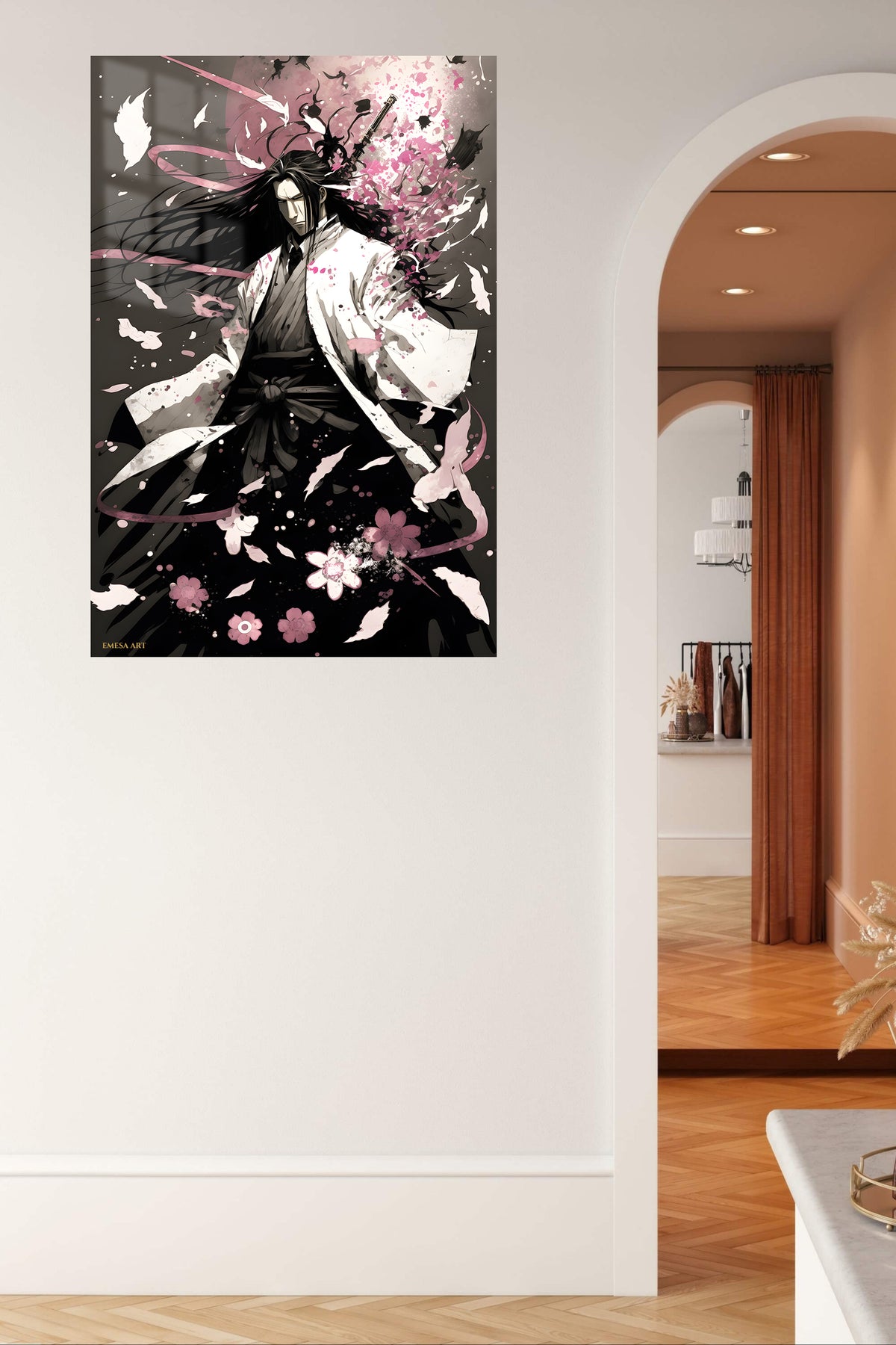 Blossom Blade Warrior metal wall art displayed in a contemporary living space