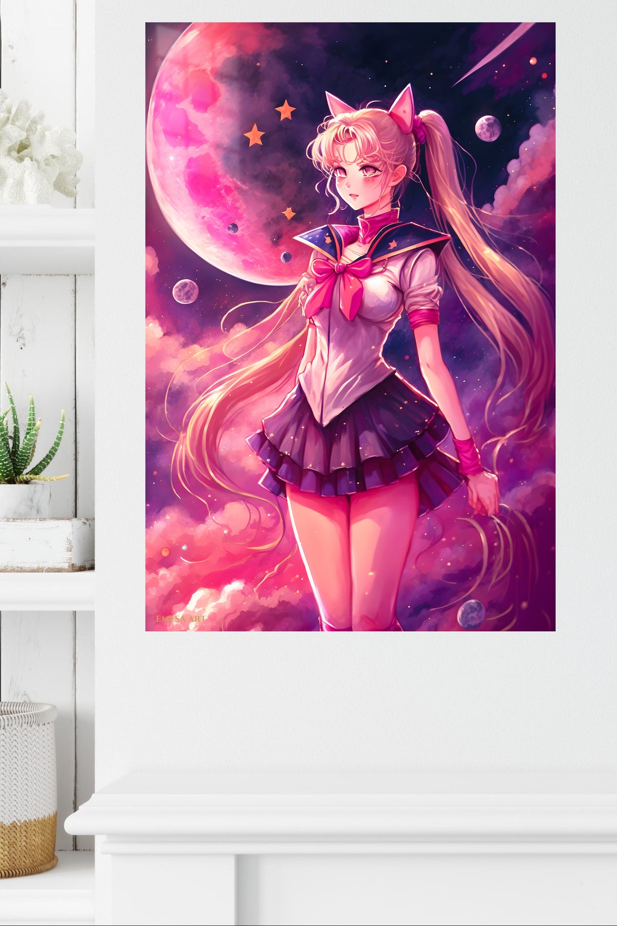 Moonlit Cat-Eared Guardian metal wall art displayed in a modern interior
