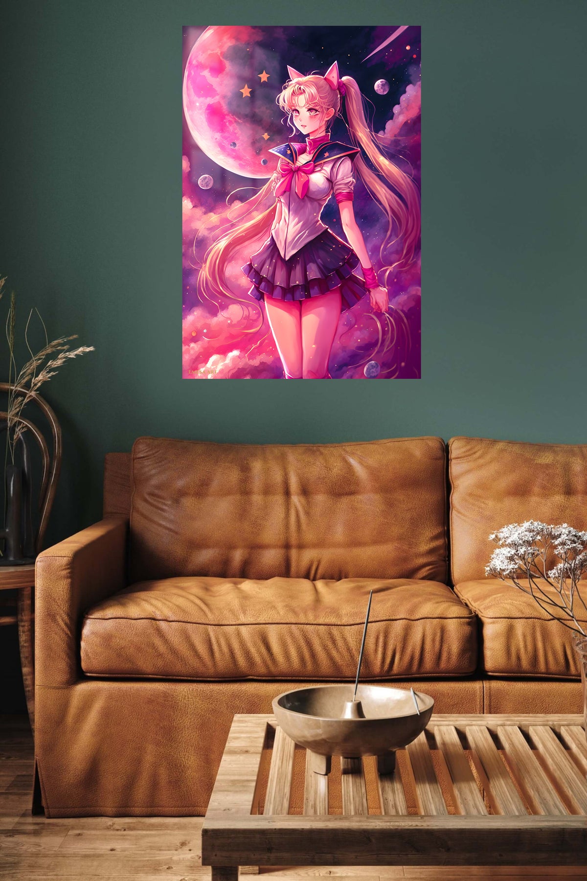 Moonlit Cat-Eared Guardian metal wall art displayed in a contemporary living space