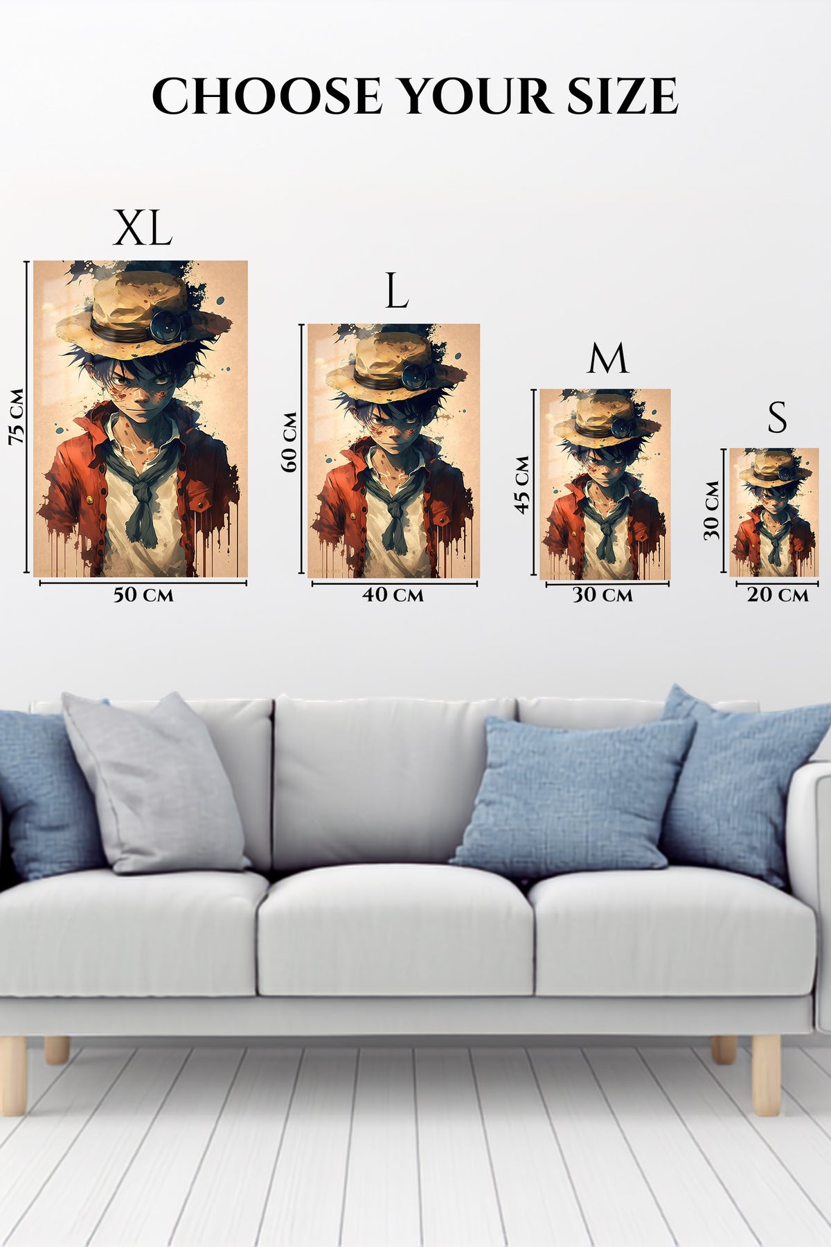 EMESA metal wall art size comparison guide for Goggle Hat Adventurer Portrait