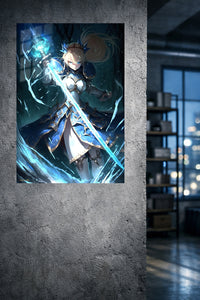 Azure Blade Knight metal wall art displayed in a modern interior