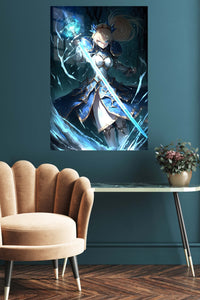 Azure Blade Knight metal wall art displayed in a contemporary living space