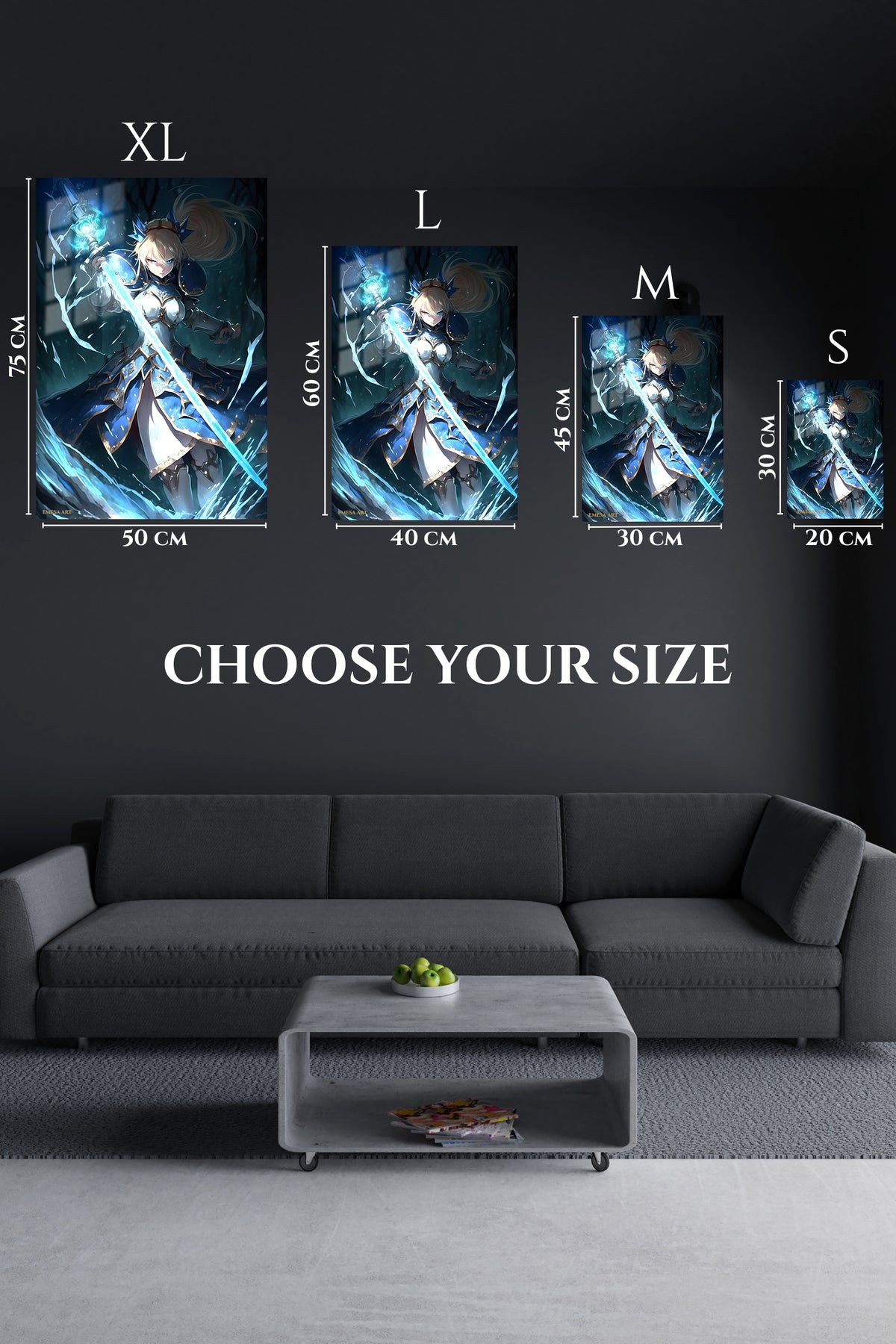 EMESA metal wall art size comparison guide for Azure Blade Knight