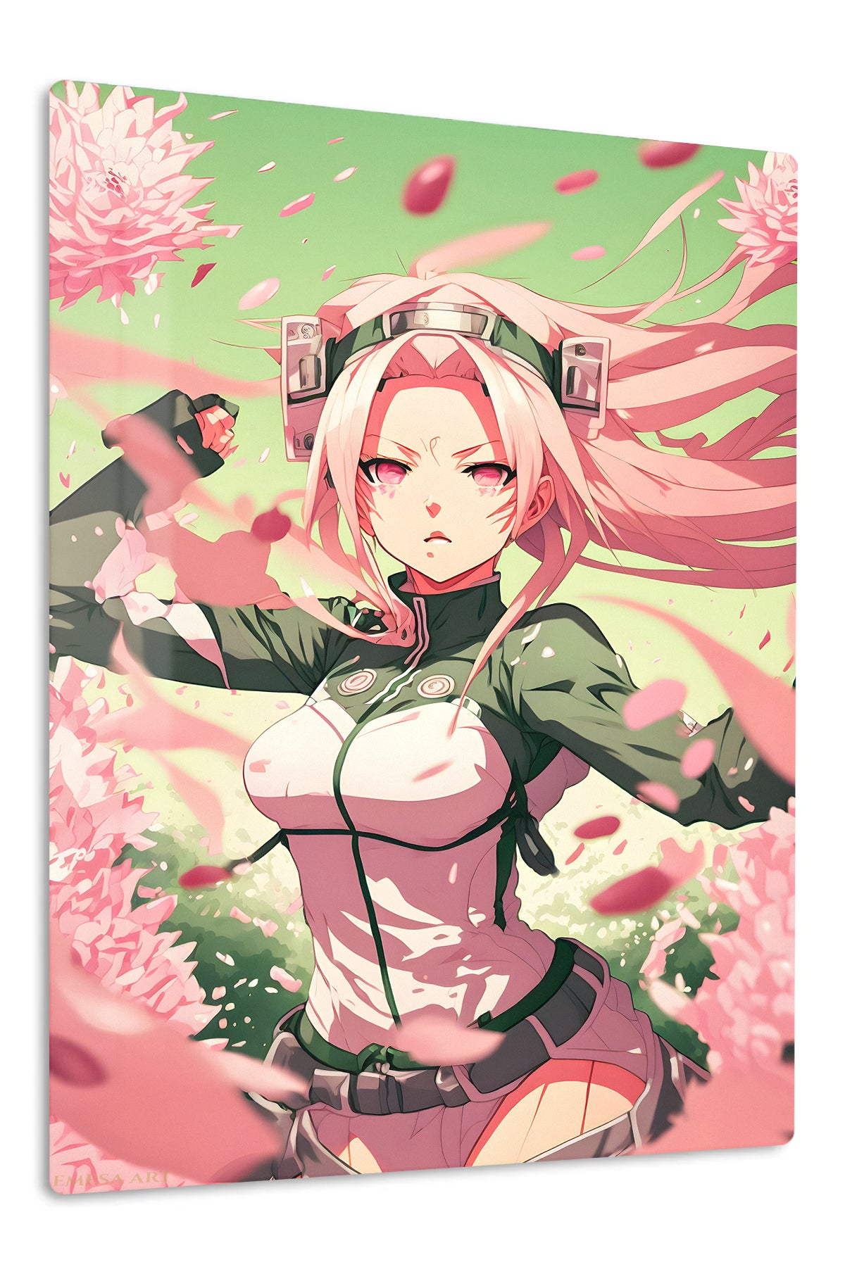 Pink-Haired Warrior Among Falling Petals premium metal wall art Ã¢â‚¬â€œ front view
