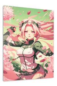 Pink-Haired Warrior Among Falling Petals premium metal wall art Ã¢â‚¬â€œ front view