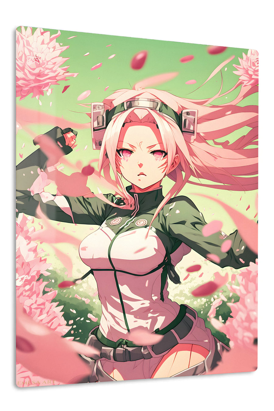 Pink-Haired Warrior Among Falling Petals premium metal wall art Ã¢â‚¬â€œ front view