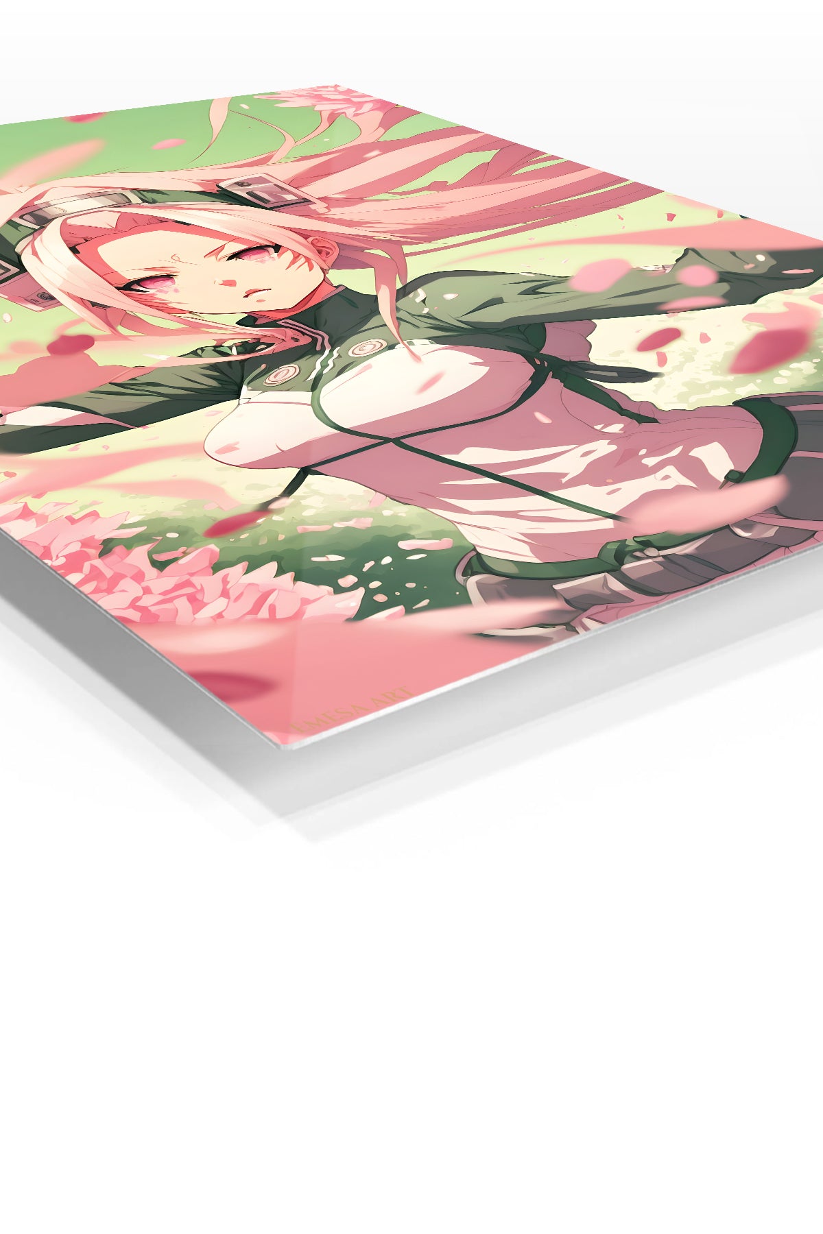 Pink-Haired Warrior Among Falling Petals premium metal wall art Ã¢â‚¬â€œ angled view