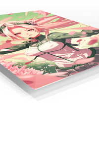 Pink-Haired Warrior Among Falling Petals premium metal wall art Ã¢â‚¬â€œ angled view