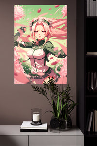 Pink-Haired Warrior Among Falling Petals metal wall art displayed in a modern interior