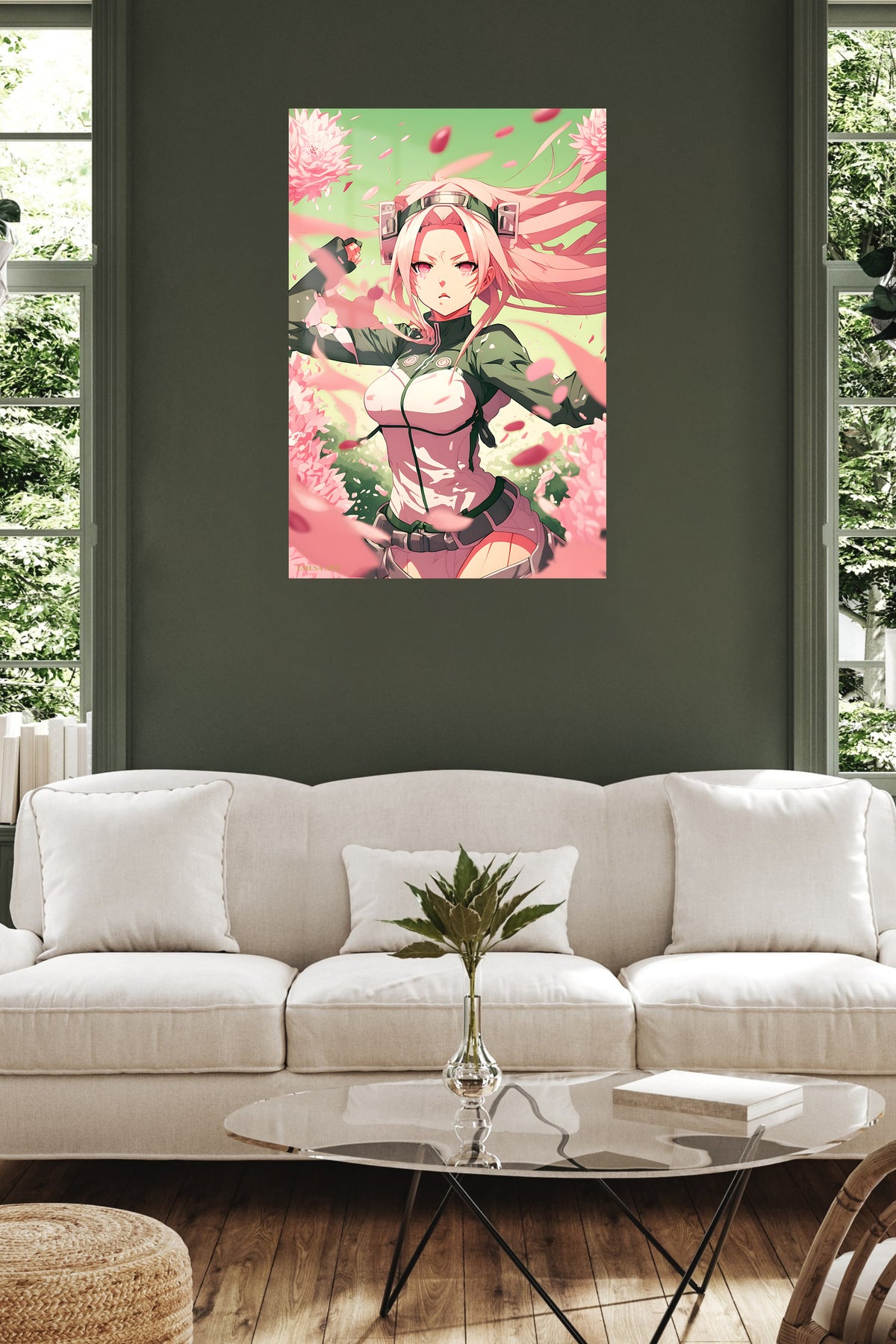 Pink-Haired Warrior Among Falling Petals metal wall art displayed in a contemporary living space
