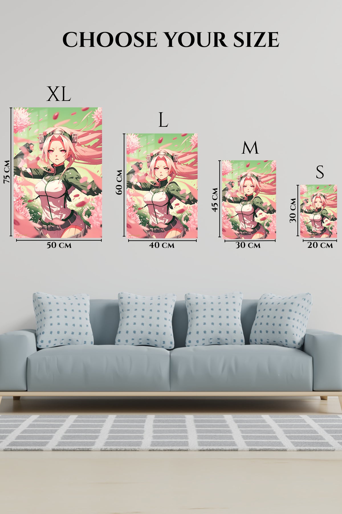 EMESA metal wall art size comparison guide for Pink-Haired Warrior Among Falling Petals