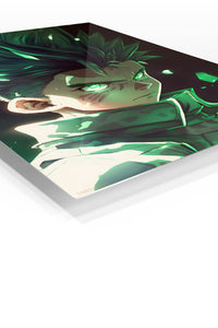 Emerald-Eyed Warrior Portrait premium metal wall art Ã¢â‚¬â€œ angled view