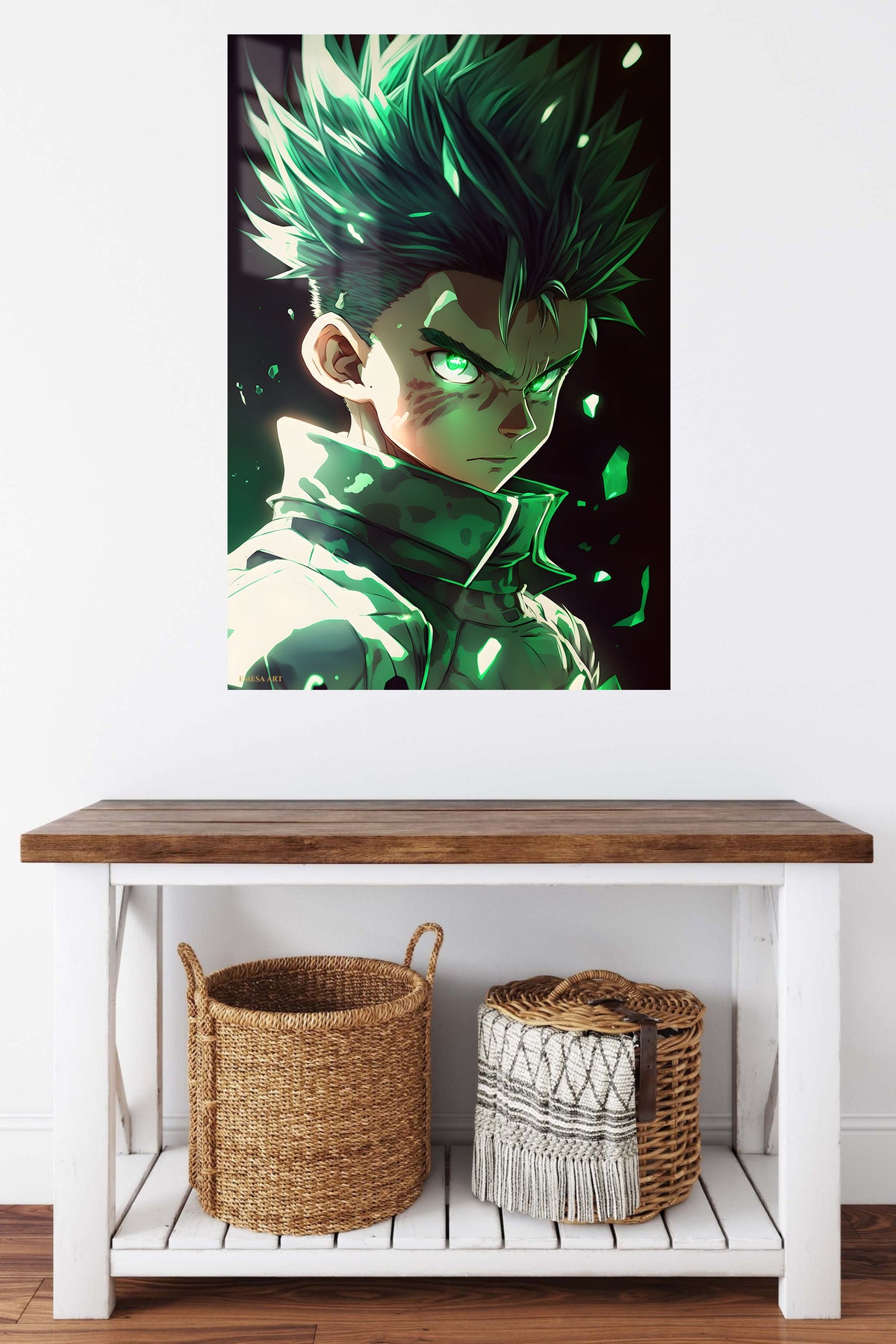 Emerald-Eyed Warrior Portrait metal wall art displayed in a contemporary living space